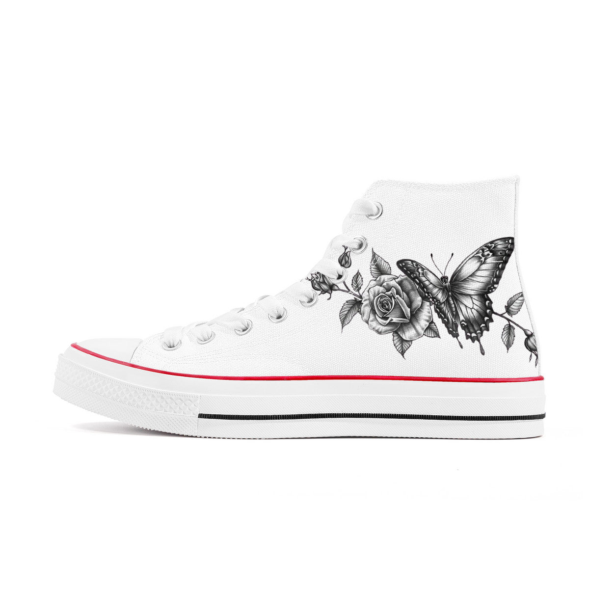 High Top Canvas Shoes - Tattoo butterfly and Roses