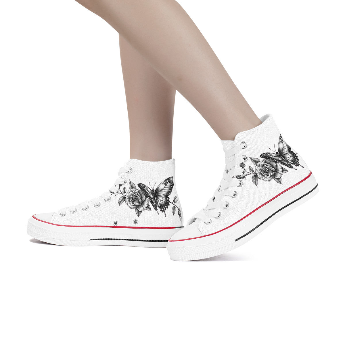 High Top Canvas Shoes - Tattoo butterfly and Roses